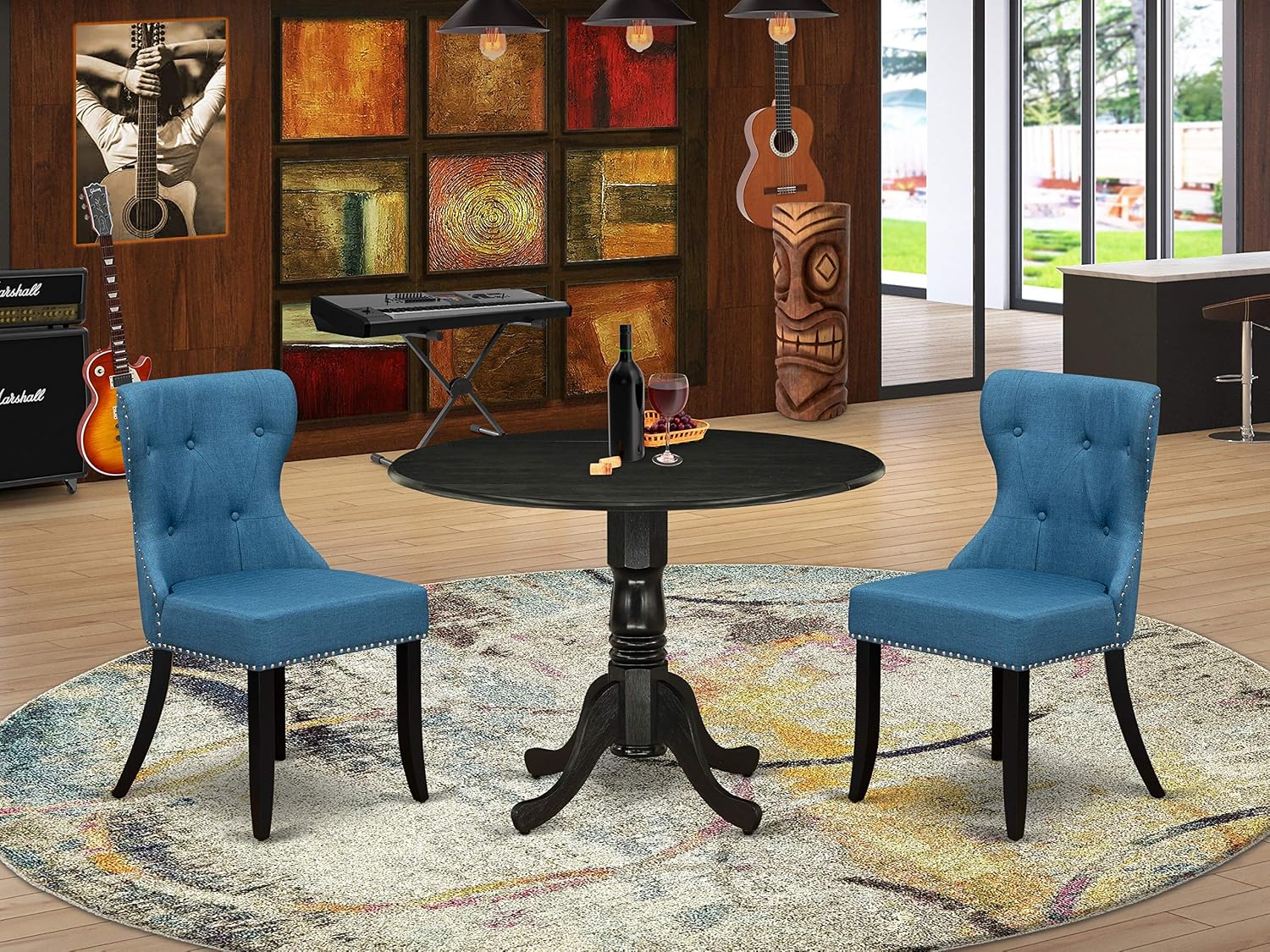 East West Furniture DLSI3-ABK-21 3 Piece Modern Dining Table Set Contains a Round Wooden Table with Dropleaf and 2 Blue Linen Fabric Upholstered Parson Chairs, 42x42 Inch, Wirebrushed Black