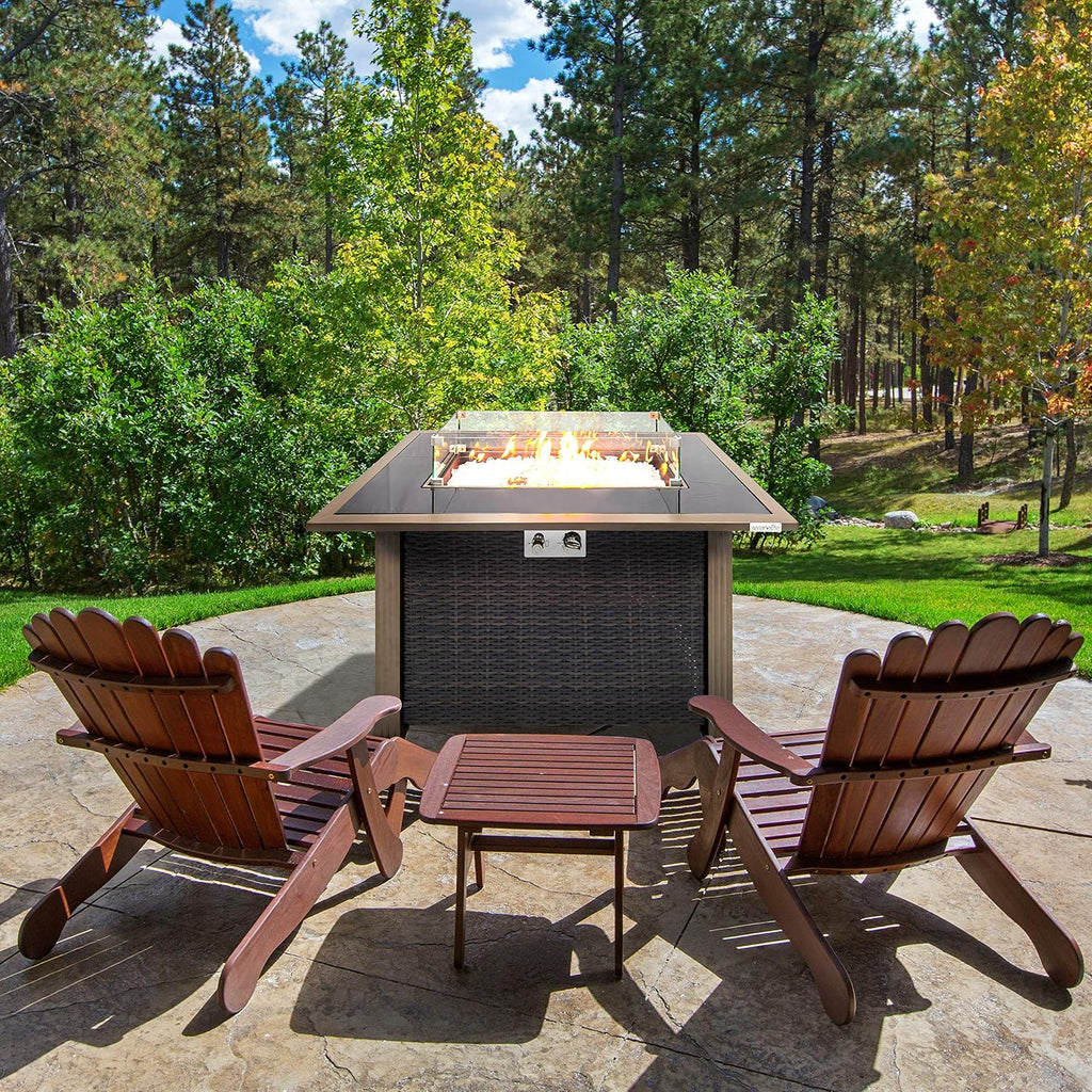 Outdoor Propane Fire Pit Table - CSA Approved Safe 50,000BTU Auto-Ignition Propane Gas Fire Table - Rattan Panel, Glass Wind Guard, Black Tempered Glass Tabletop, Clear Glass Rock - SereneLife SLFPTL