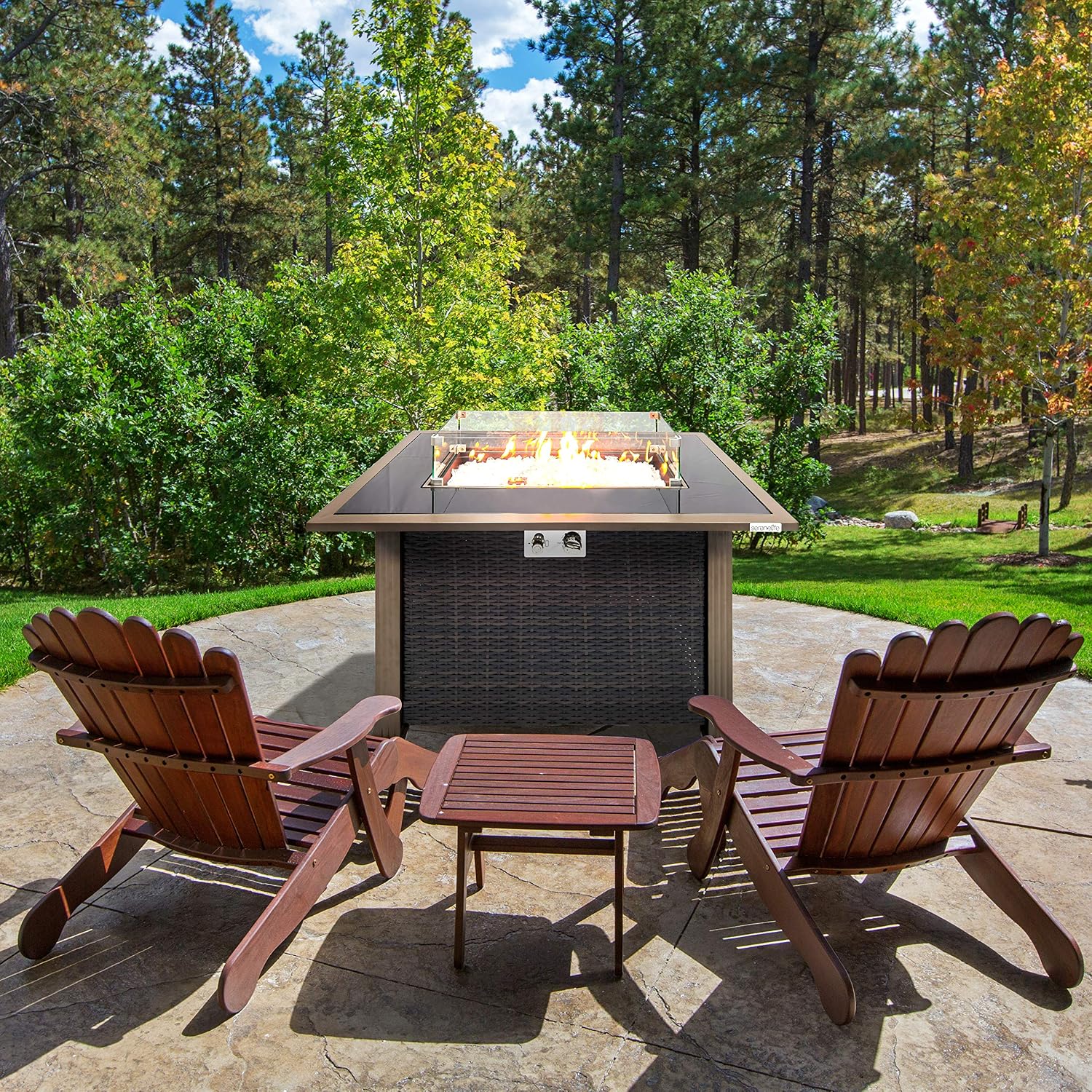 Outdoor Propane Fire Pit Table - CSA Approved Safe 50,000BTU Auto-Ignition Propane Gas Fire Table - Rattan Panel, Glass Wind Guard, Black Tempered Glass Tabletop, Clear Glass Rock - SereneLife SLFPTL