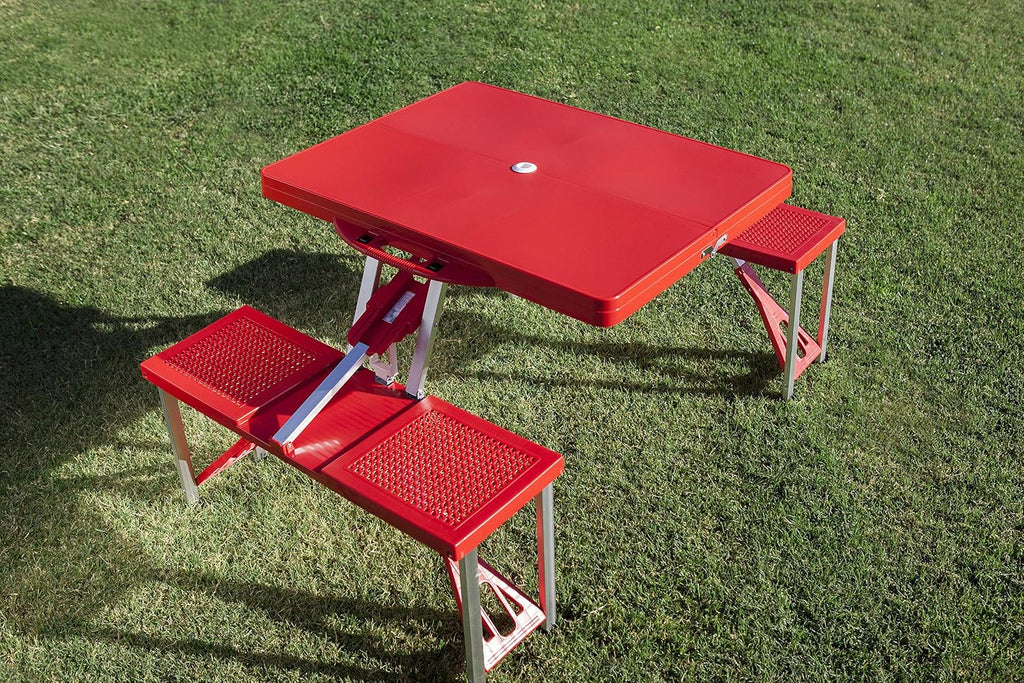 Picnic TIME Coca-Cola Folding Picnic Table with Seats, Collapsible Aluminum Table and Bench Set with Umbrella Hole, Lightweight Portable Table for Camping, Travel, Tailgating, Backyard (Red)
